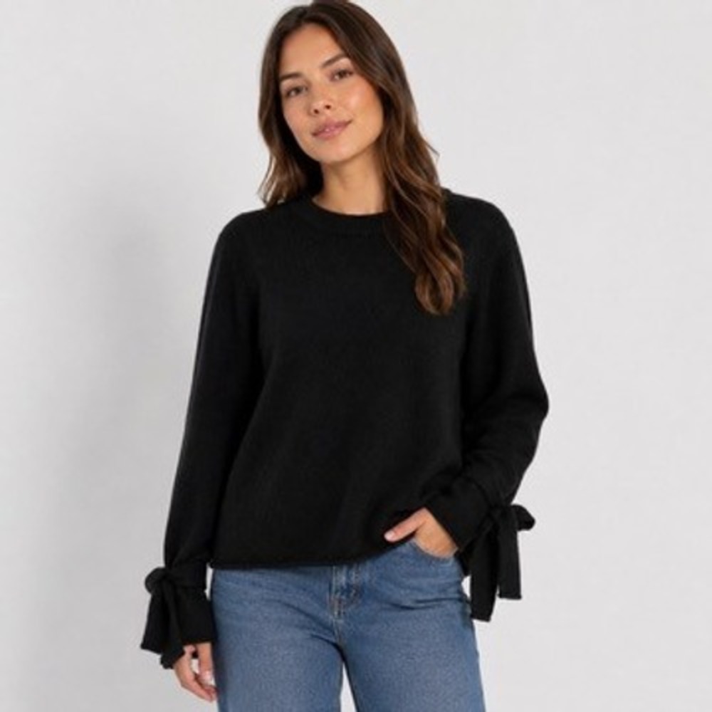 360 Cashmere Womens Black Tie Cuff Crewneck Sweater 100% Cashmere Small 34122